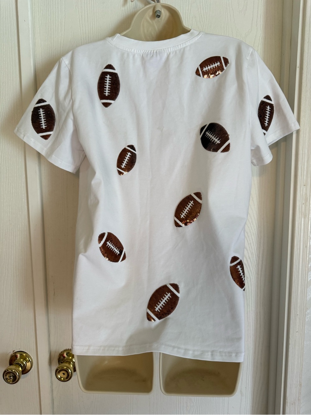 White Short Sleeve Tee with Brown Football sequins - Picture 7 of 7
